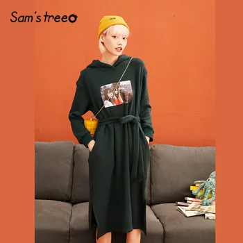 

SAM'S TREE Red Solid Character Printed Hooded Dress Women 2019 Winter Green Pure Belt Casual Loose Office Ladies Daily Dress