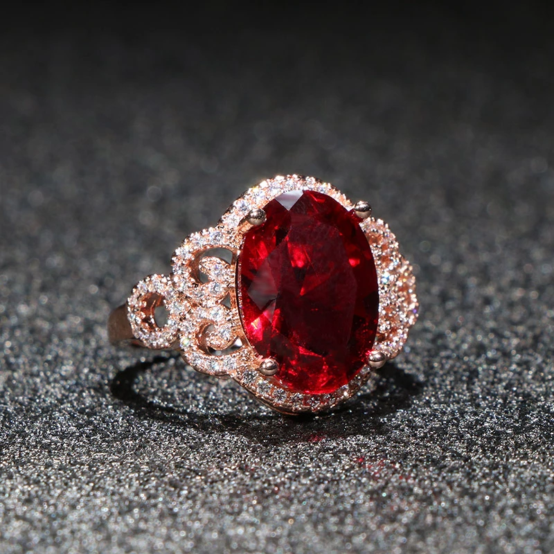 Bague Ringen Classic Rings For Women With Oval Shape Red Gemstones Rose Gold Color Charm Lady Fashion Jewelry Gift 2