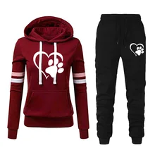 Women 2 Pieces Hoodie Set Autumn Winter Soild Heart Shape Print Hooded Sweatshirt +Drawstring Pants Cotton Male Tracksuit Cloth