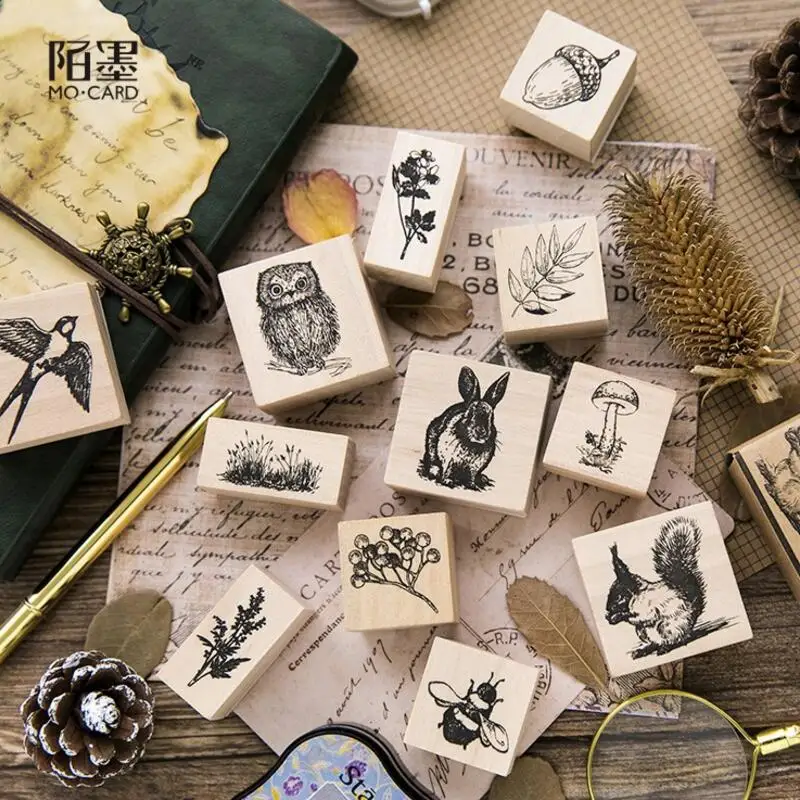 Sello de goma y madera de animales del bosque, conjunto de búho, ardilla, conejo, álbum de recortes para decoración de tarjetas para DIY, artesanía en relieve