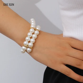 

SHIXIN 2 Layered Wide Pearl Beaded Bracelets for Women Charms White Beads Pearls Wedding Hand Jewelry Bracelets Femme 2020 Gifts