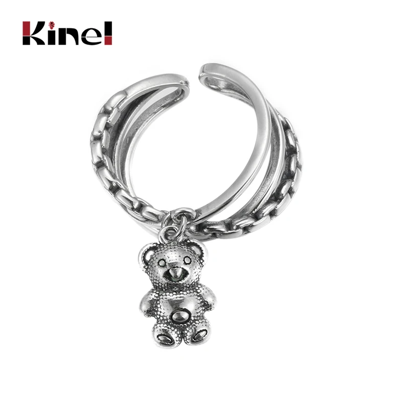 

Kinel S925 Sterling Silver Jewelry retro Personality Adjustable Temperament Open Ring Female Creative star Multi-layer Bear