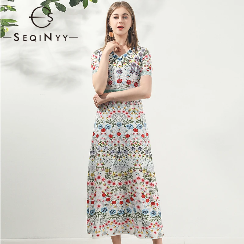

SEQINYY Midi Dress 2020 Summer Spring New Fashion Design Women Short Sleeve Digital Printing Flower Blooming Beading Dress