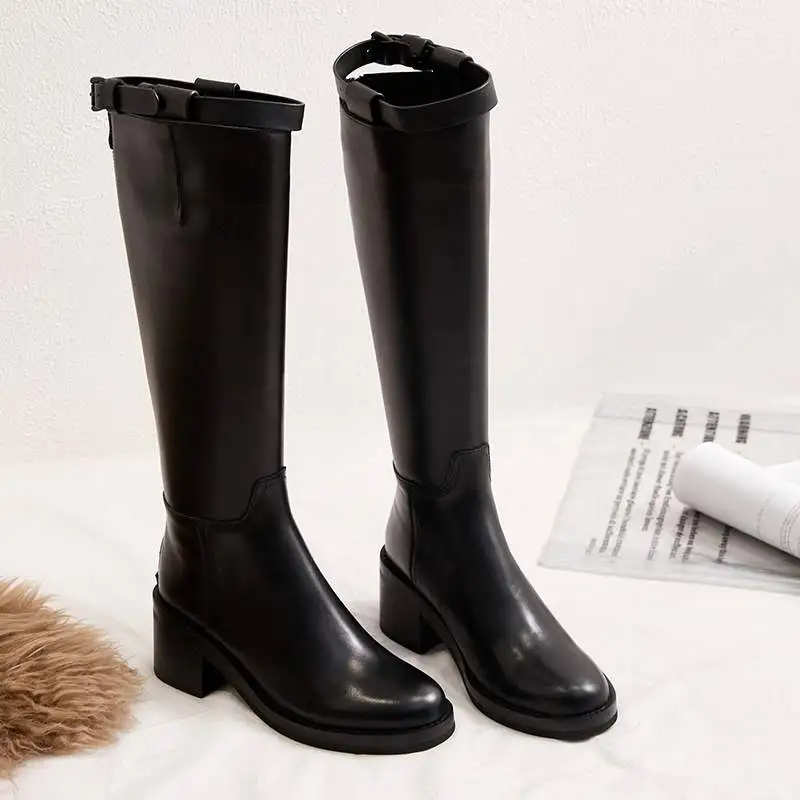 Krazing Pot cow leather high quality round toe riding equestrian boots zipper buckle straps concise designer thigh high boots