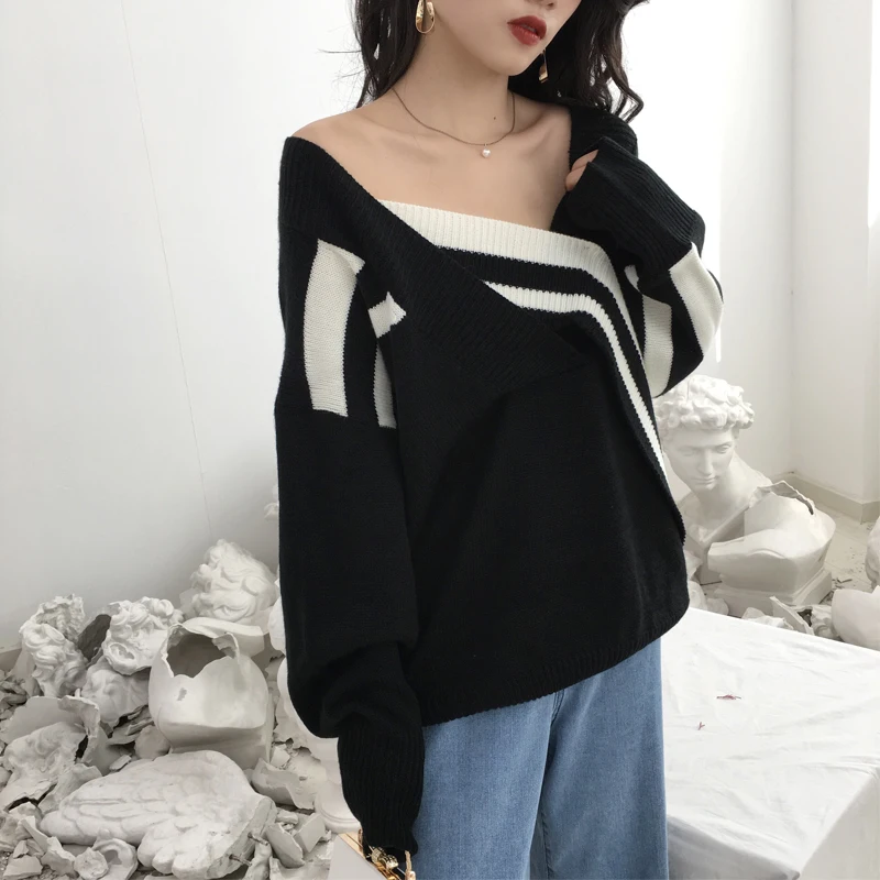Patchwork Striped Tops Female Pullovers Sweater V Neck Batwing Long Sleeve Loose Hit Color Women's Sweaters DC590