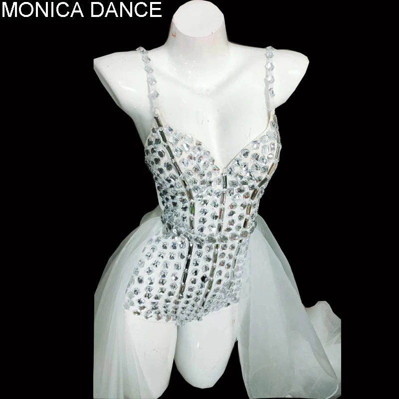 

Nightclub Sexy Stage Performance White Crystals Outfit Female Singer Mesh Train Costume Rhinestones Bodysuit Jazz Dance Wear