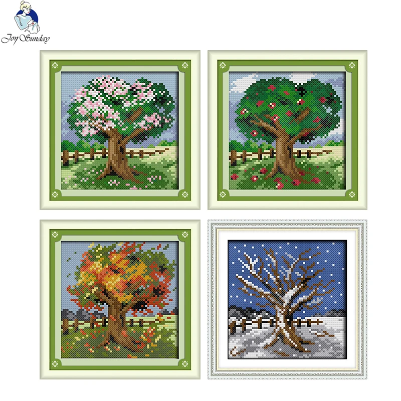 

Four Seasons Trees Patterns DIY Handwrok Cross Stitch Kits Printed Canvas Counted Cross-stitch DMC Embroidery Needlework Crafts