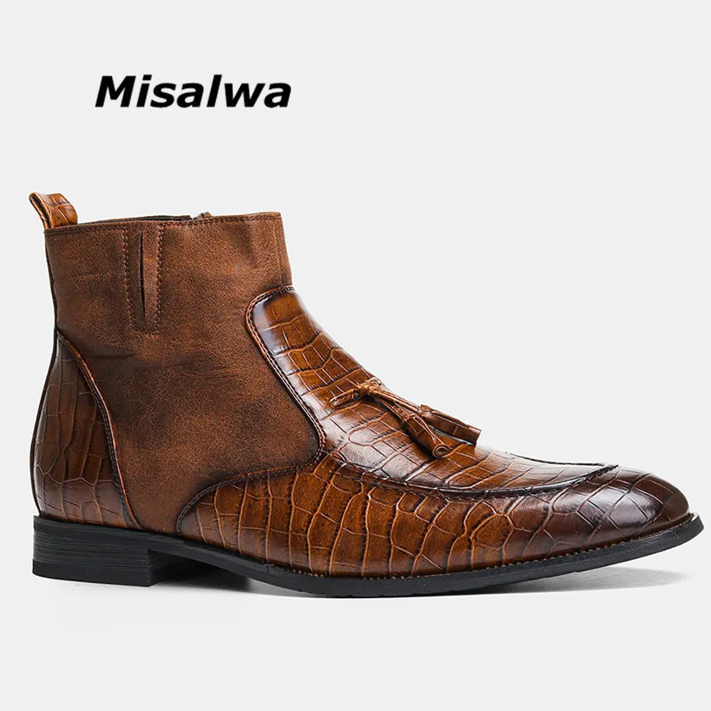 

Misalwa Retro British Men Chelsea Boots Tassel Pointed Short Plush Winter Men Boots Crocodile Pattern Patchwork PU Leather Shoes