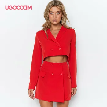 

UGOCCAM Women Blazer Solid Sets 2020 Autumn Long Sleeve Blazer Jacket Button Skirt Two Piece Set Fashion Casual Suits Outfits