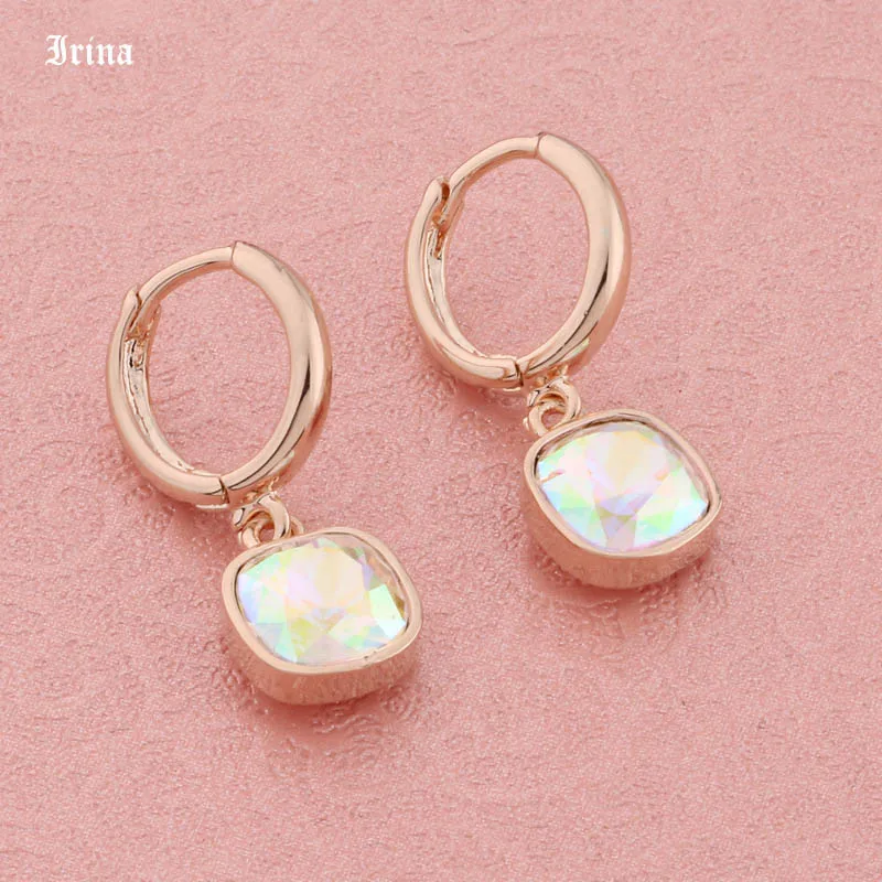 High Quality Fashion Trendy Colorful Square Crystal 8*8mm Drop Earrings 585 Rose Gold Color Earrings For Women Wedding Party