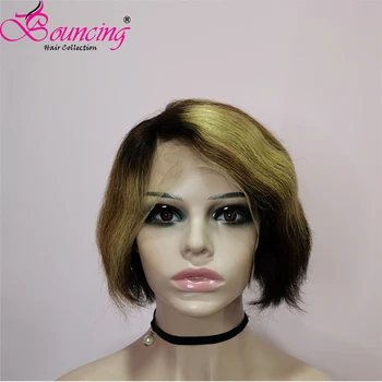 

Bouncing Straight Pixie Cut Bob Wig Highlight #27 Brazilian Short Human Hair Wig 6 Inch 13X4 Lace Front Wig 150 Density