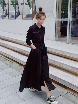 

Black dress women's long sleeve spring and autumn 2020 new style waist closing thin covering stomach temperament light mature