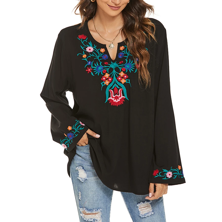 Blusa con Floral bohemio para mujer, camisa negra mexicana Vintage, Blusa de manga para mujer, blusa étnica de talla grande|Camisetas| - AliExpress
