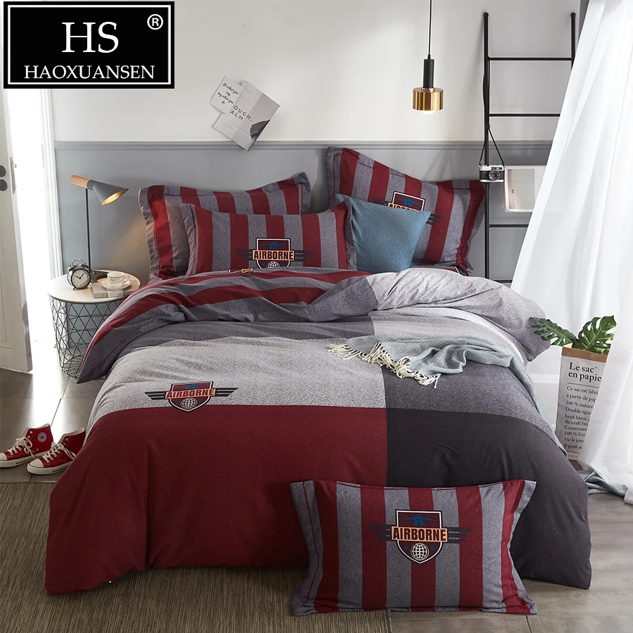 

Sanding Cotton Red Stripe 4Pieces Bedding Set with Crest Thick Duvet Cover Set Soft bed linens for Winter Queen King Size