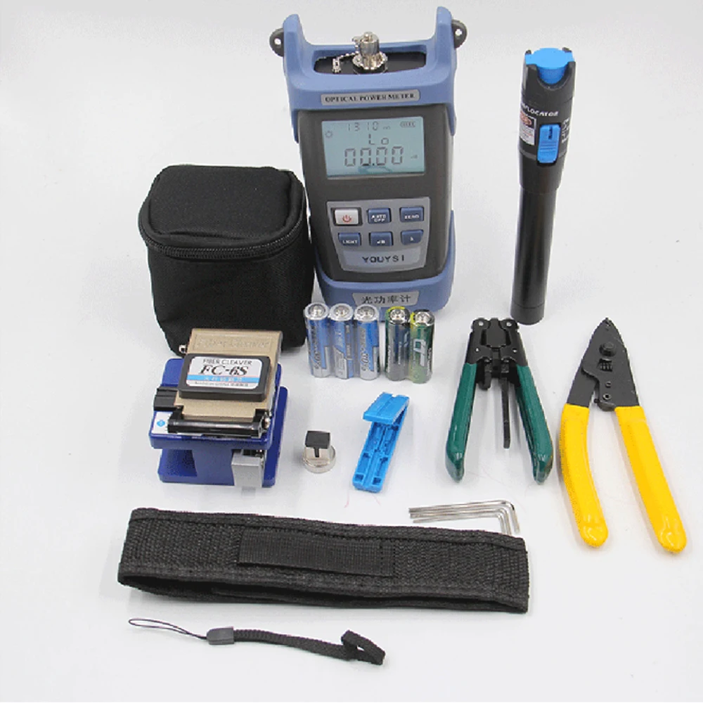 

Portable Fiber Optic FTTH Tool Kit with Stripping Miller's Pliers Fiber Cleaver Optical Power Meter 5km Red Laser Pointer