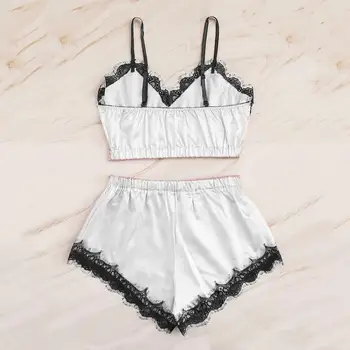 

2020 New Fashion Simple Home Wear Sets Women Sleepwear Sleeveless Strap Nightwear Lace Trim Satin Cami Top Pajama Sets Hot 50*