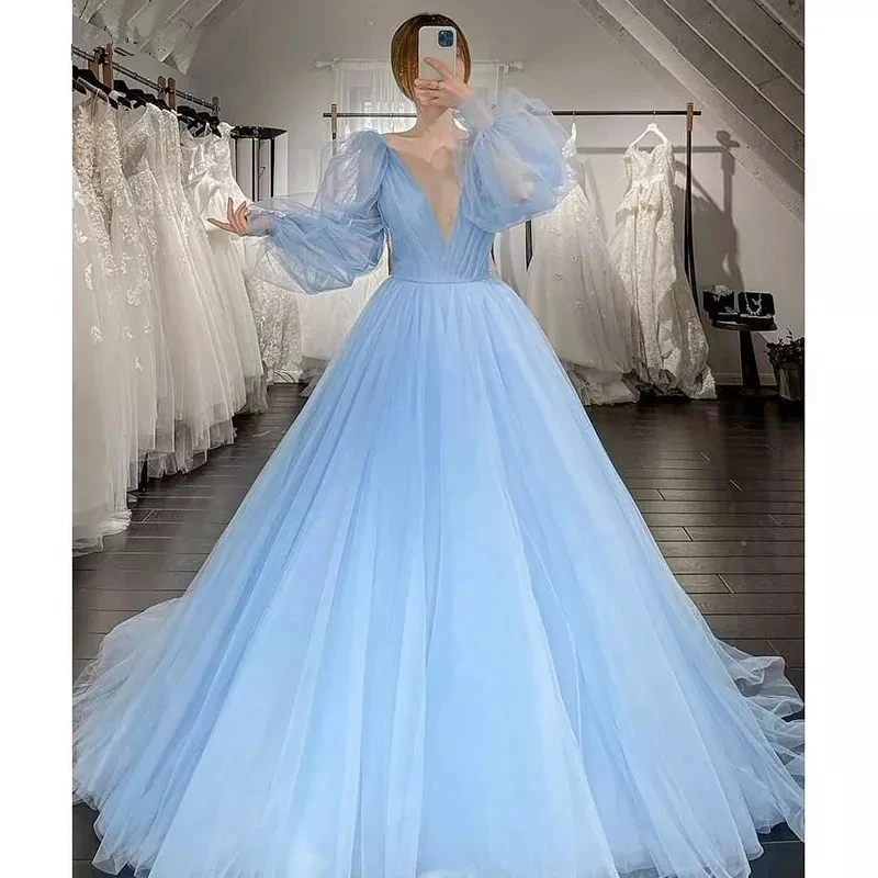 pink wedding dress Elegant Tulle Princess Wedding Dresses A Line Light Blue/Red V-Neck Long Sleeves Boho Bridal Gowns Floor Length Robe De Mariage wedding gown