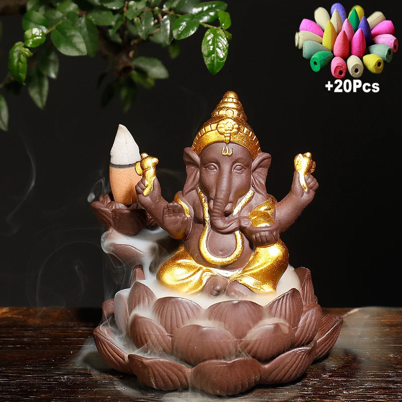 Elephant God Ganesha Buddha Statue Incense Burner Backflow Ceramic Censer Gift 