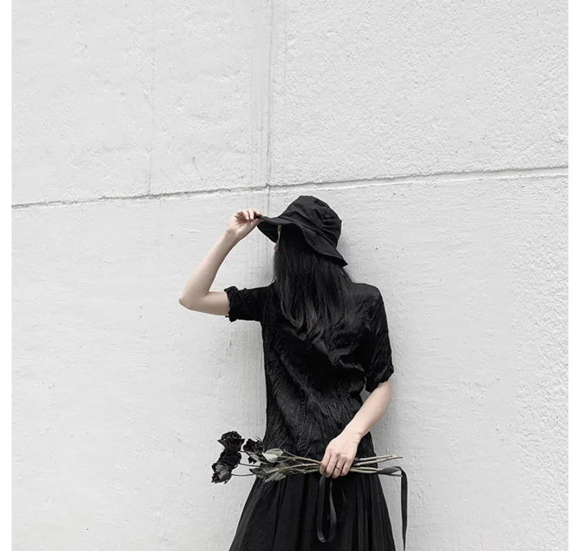 [EAM] женский, черный плиссированная низкая темперамент, футболка для девочек, комплект из платья с круглым вырезом короткий рукав модная сезонная сезон: весна–лето 19A-a565