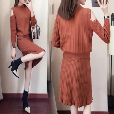 

Oshangchaopin Knitted Off Shoulder Beaded Pullover Sweaters+Elastic High Waist Solid Color Knit Skirt Women's Autumn Casual Suit