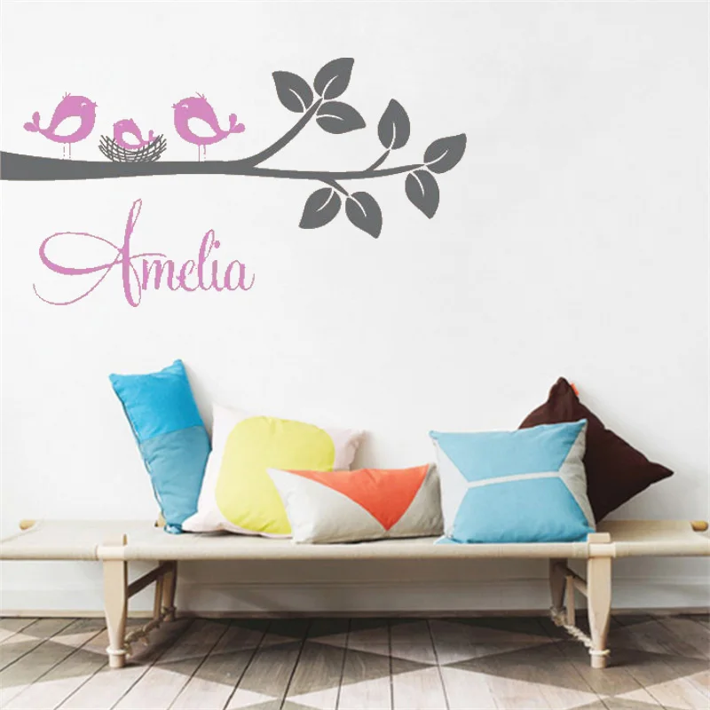 Vinyl Art Removeable Poster Mural Custom Name Birds Branch Nest Beauty Livingroom Decoration Modren Fahion LY1227 | Дом и сад
