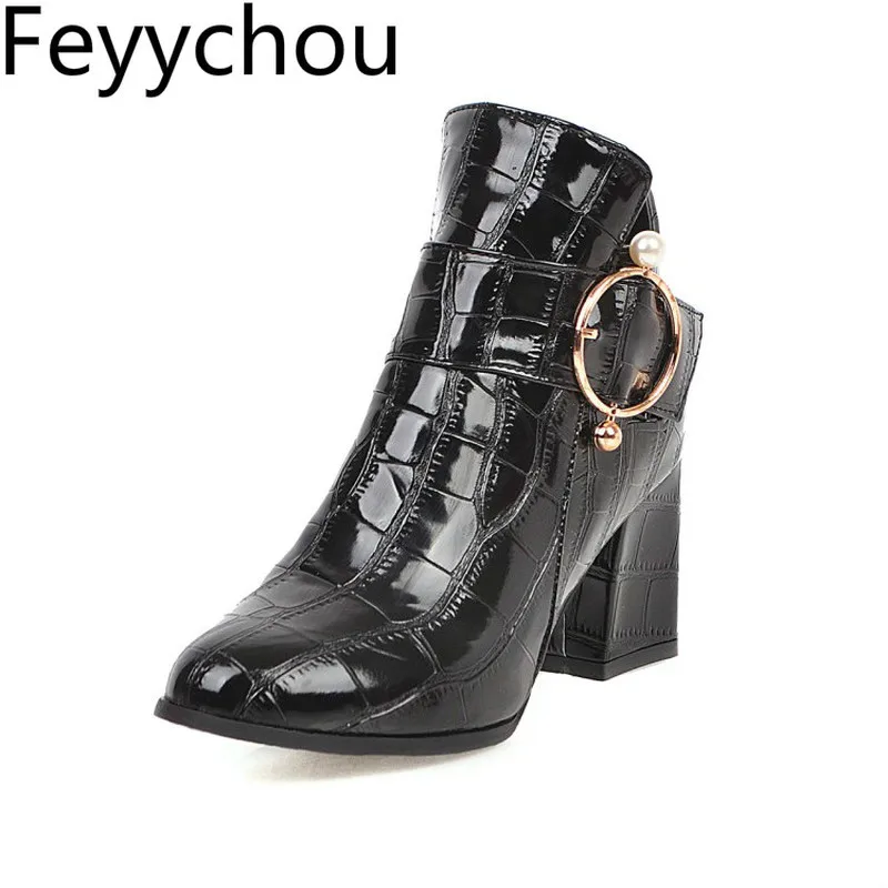 

Women Boots Autumn Winter High Heel Warm Pu Round Toe Zip Ankle Metal Decoration Pearl 2019 New Sexy Fashion Casual White Plush