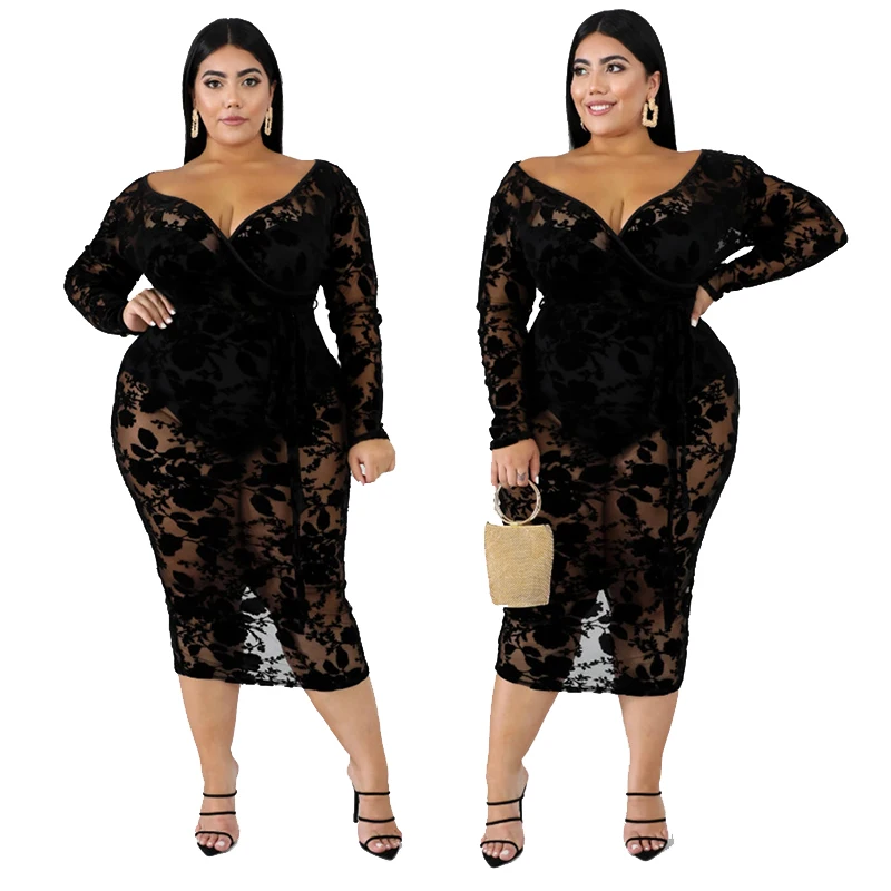 

Autumn Lace Dress Plus Size Black Sheath Bodycon Dress Women Sexy V-neck Long Sleeve Party Dress VestidosWholesale Dropshipping