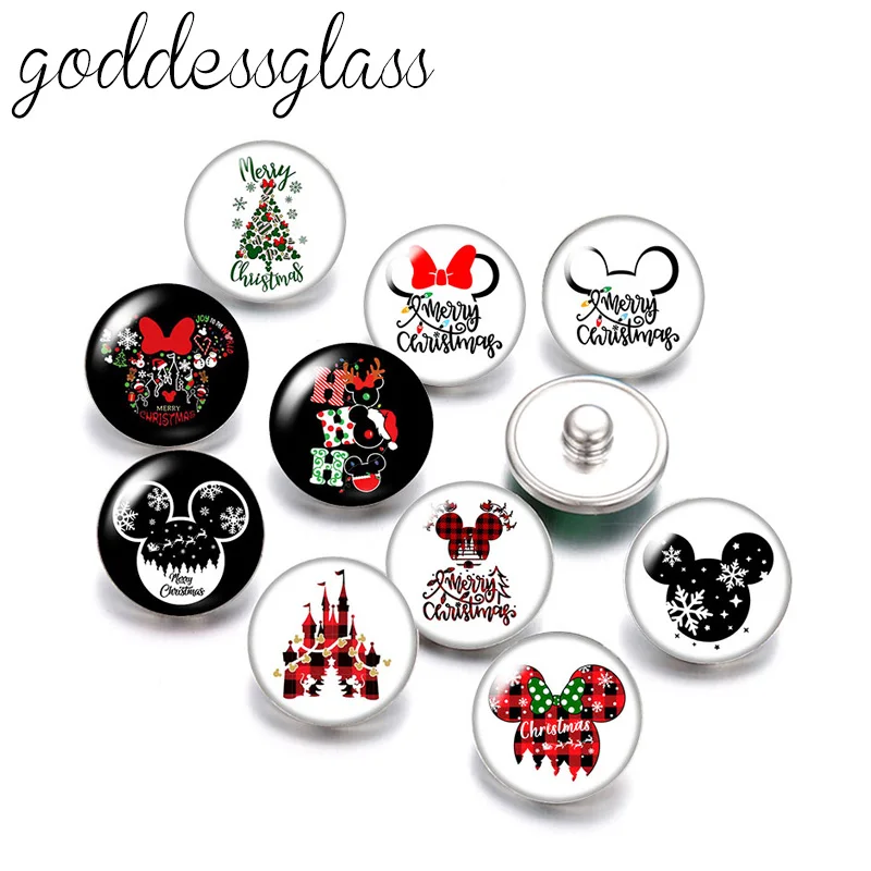 Disney Christmas style Mickey Minnie Face Tree Castle 10pcs Round photo glass 18mm snap buttons for bracelets jewelry | Украшения и