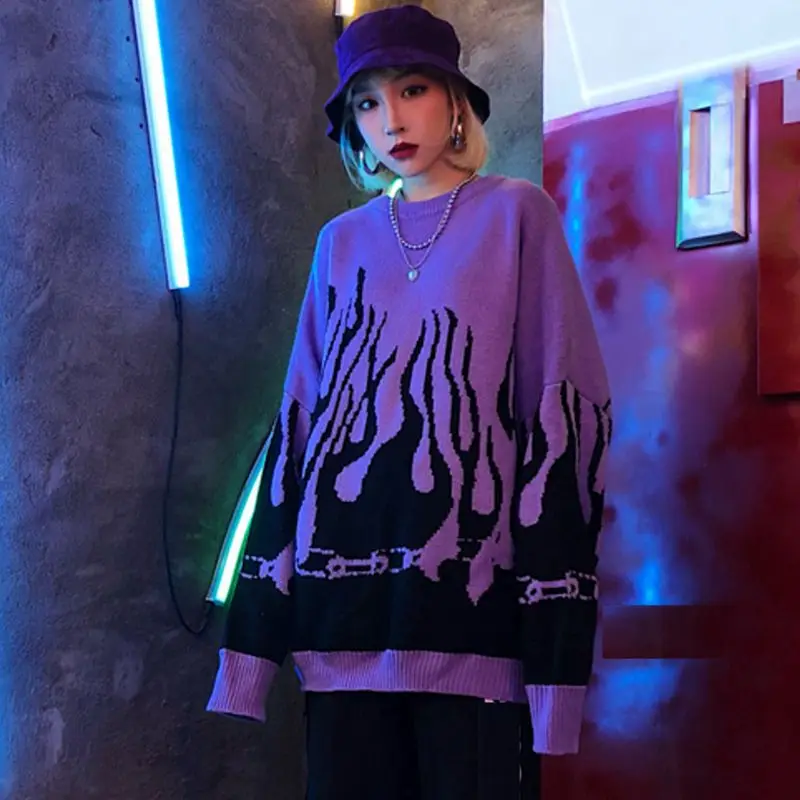 Fashion 2020 Spring Autumn Winter Harajuku Flame Sweater Knitting Batwing Sleeve Couple Sweater Loose Boyfriend Pullovers Fashion 2020 Spring Autumn Winter Harajuku Flame Sweater Knitting Batwing Sleeve Couple Sweater Loose Boyfriend Pullovers