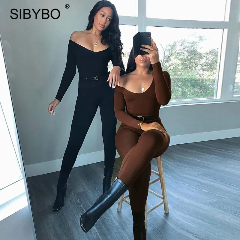Sibybo Fall Winter Long Sleeve Jumpsuit Women V Neck Bodycon Rompers Womens Jumpsuit Black Casual Fitness Streetwear Overalls