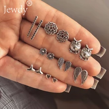 9 пар/лот смешанный дизайн Сердце Крест Сова Русалка Винтаж маленькая серьга Комплект сережек для женщин в стиле панк геометрическая животных уха Aros