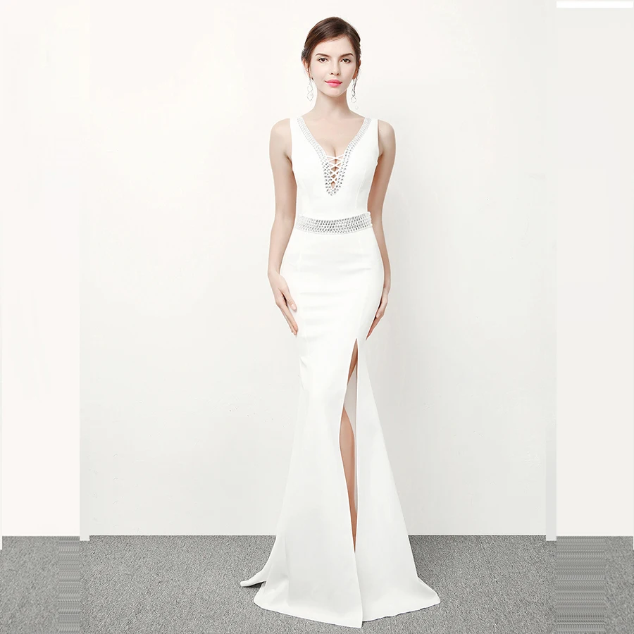 Evening Gown V-neck Sleeveless Evening Dresses for Women Sexy Lace Backless Robe De Soiree Solid Split Evening Dress C243