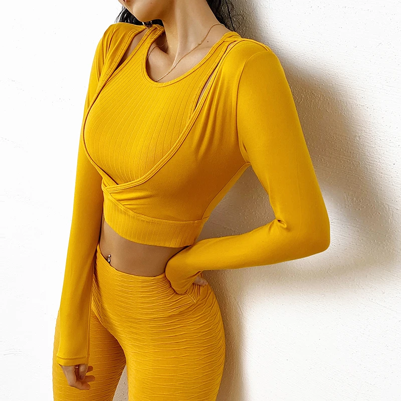 Поддельные 2 шт. укороченный топ тренировки ребристые дышащие желтые спортивные