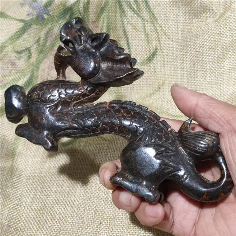

Chinese Tibet Hongshan Culture Natural Meteorite Black Iron Carved Zodiac Dragon Mascot Statue and Sculpture Collection Pendant