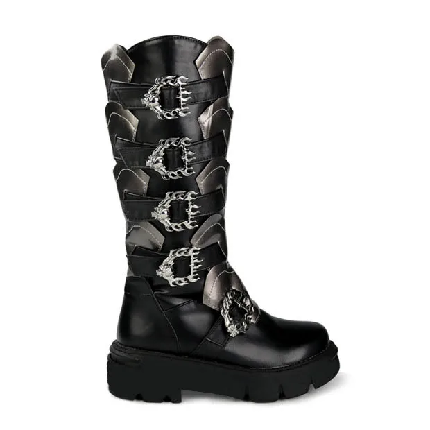 Punk Rock Men's Boots Leather Black Silver Metal Buckles Zippers Knee Shoes Men - Цвет: Серебристый