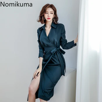 

Nomikuma Korean OL Elegant V-neck Dresses Korean Office Lady Bow Bandage Slim Waist Vestidos Long Sleeve Sexy Split Dress 3Z060