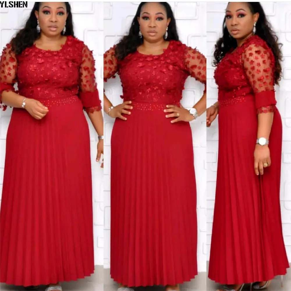 African Dresses For Women Africa Clothing African Design Bazin Lace Pleated Long Three-dimensional flower Glitter Dashiki Dress 03