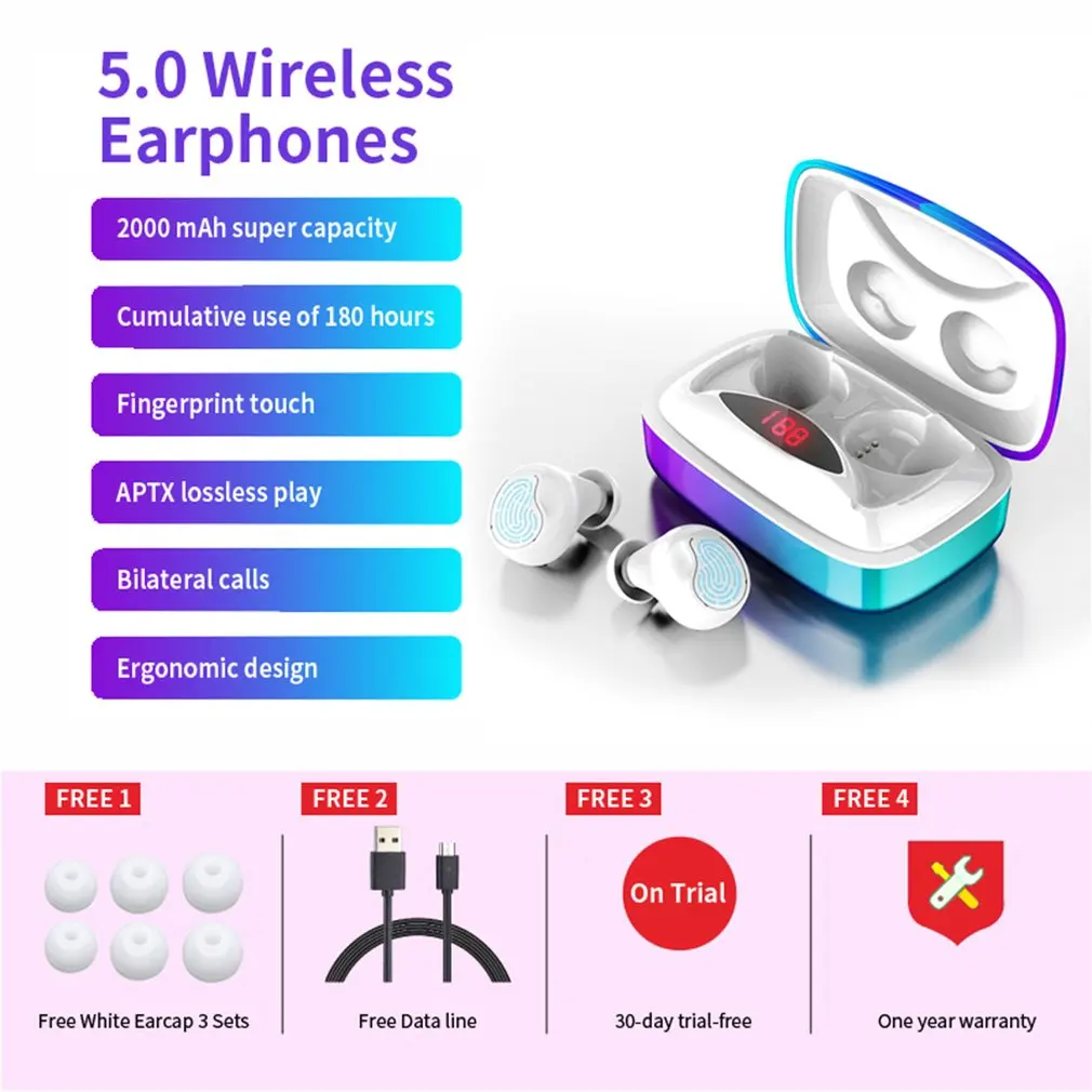 X29 TWS Bluetooth 5.0 Earphones Portable Touch Control Wireless Earphone 6D Stereo Bass Sports Earbuds With 2000mAh Charging box
