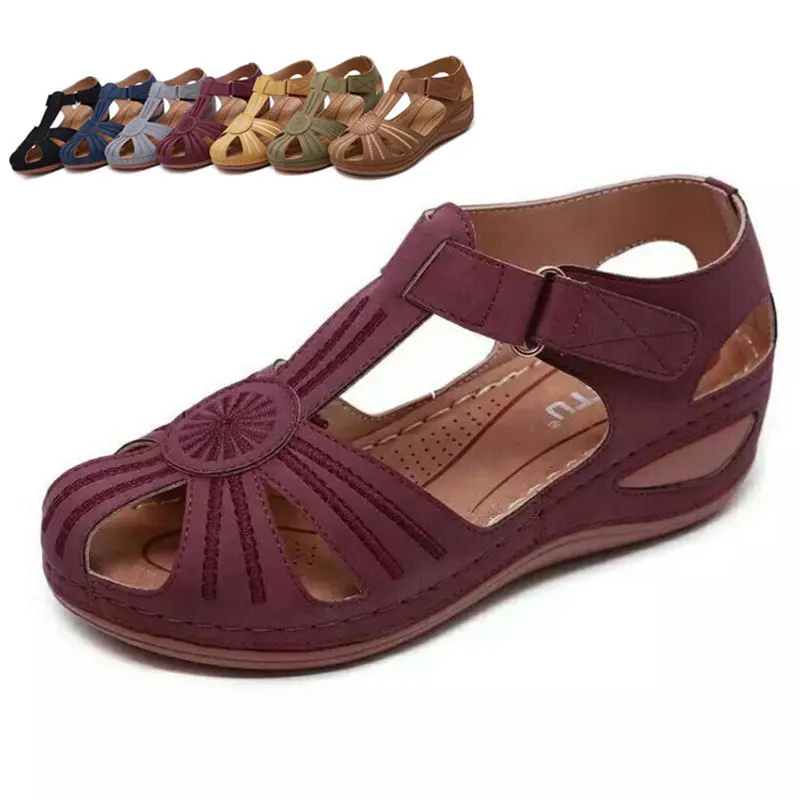 

Wine Red Women Round Toe Cover Heel Sandals 2020 Summer Yellow Soft Bottom Beach Sandals Female Wedges Shoes Plus Size 36-44
