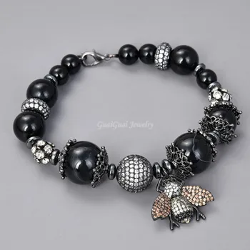 

GuaiGuai Jewelry 7.5" Black Round Onyx Bracelet Cz Pave Bee Pendant