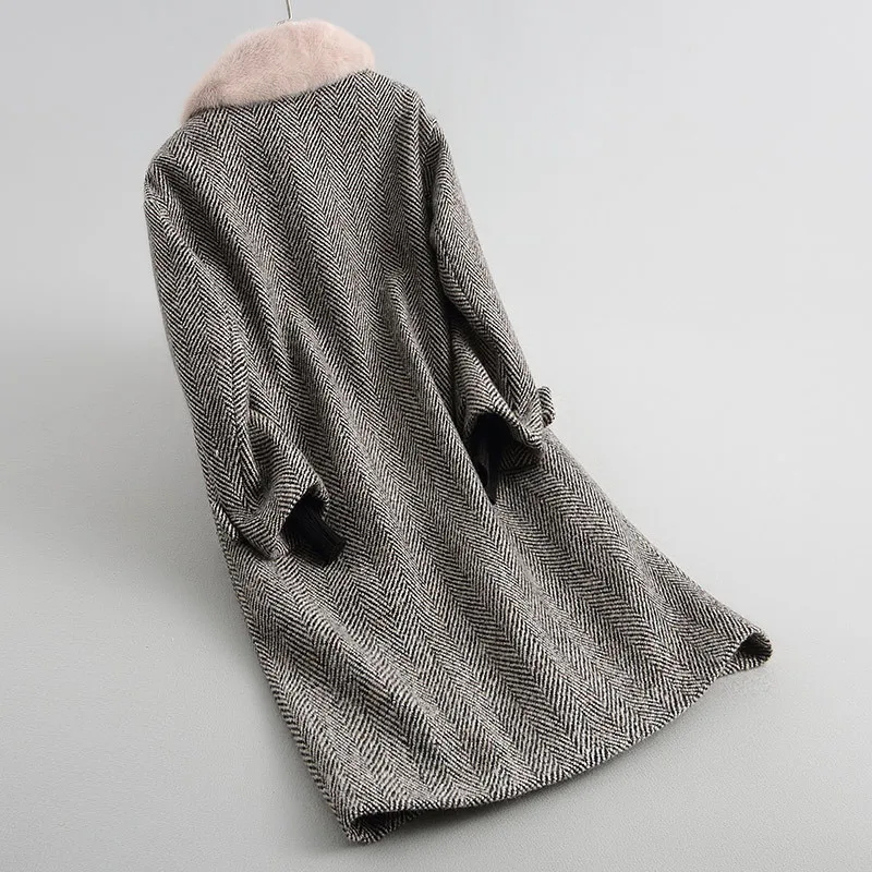 

Tweed Wool Real Fur Coat Detachable Natural Lamb Fur Liner 2020 Long Winter Jacket Women Mink Fur Collar 38322 WYQ3933