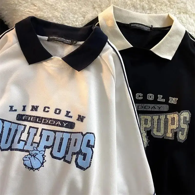 

Chic Designer POLO Shirt Sweatshirts Vintage Letters Print Long Sleeve Tops Harajuku Oversized Teens Clothes 2021 Korean Fashion