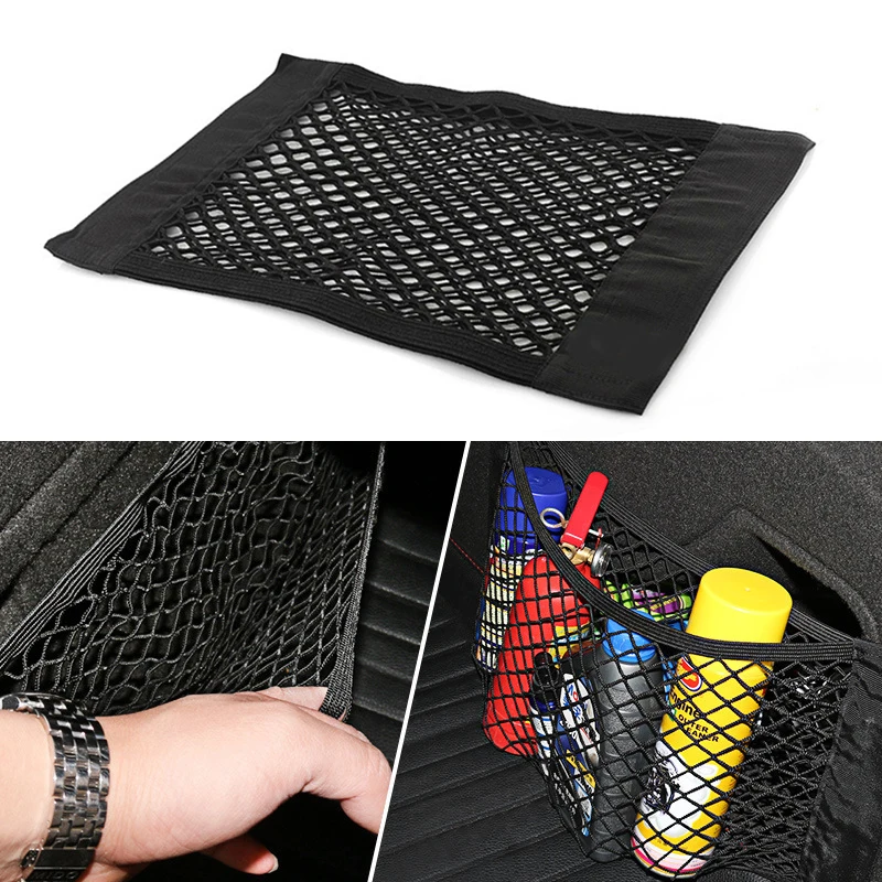 Car Trunk Storage Bag Rear Seat Trunk Mesh Double-deck Elastic String Net Magic Sticker Pocket