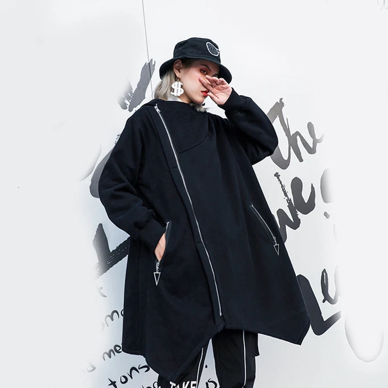 awesome  [EAM] Loose Fit Zipper Asymmetrical Big Size Jacket New Hooded Long Sleeve Women Coat Fashion Tide 
