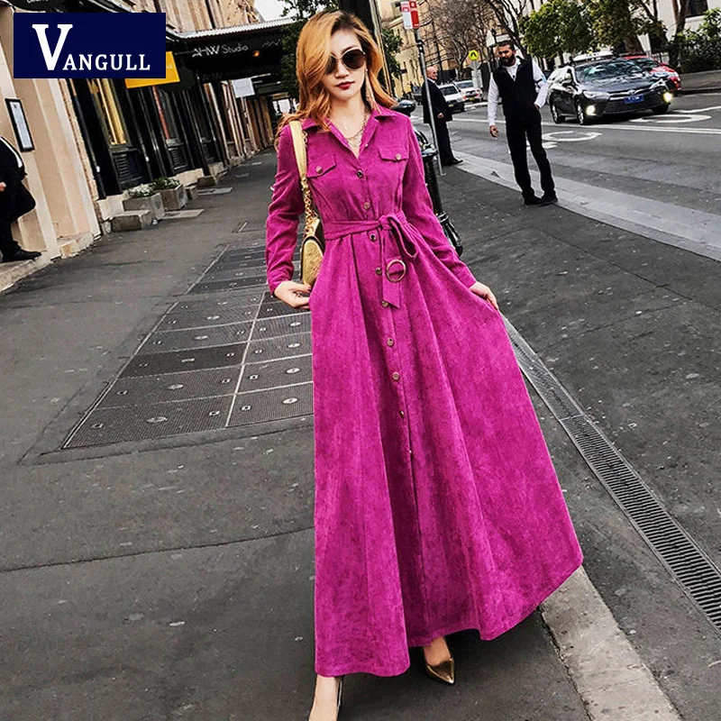 

Vangull Women Corduroy Solid Dress 2019 New Autumn Winter Female High Waist Turn Down Collar A-Line Long Dresses With Sashes
