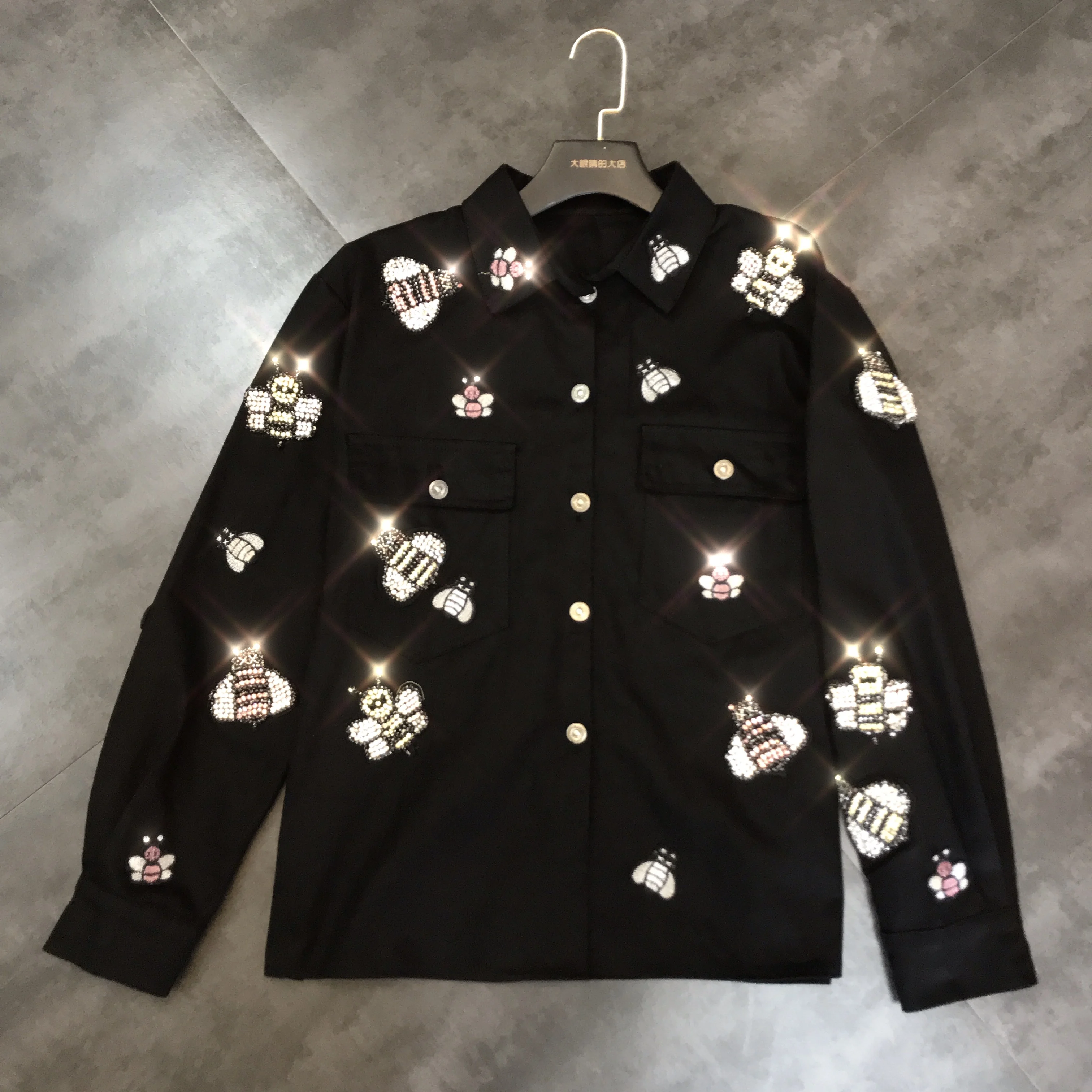 

New bee diamond drills very star paragraph long sleeve black denim jacket coat