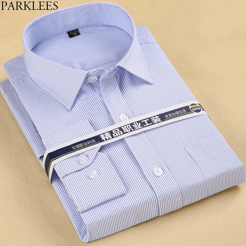 Blue Plaid Однотонная саржевая рубашка в полоску, мужская деловая Повседневная рубашка с длинным рукавом, мужской светильник, фиолетовые рубашки на пуговицах с карманом, облегающие рубашки для работы, Camisa 8XL - Цвет: Blue Plaid