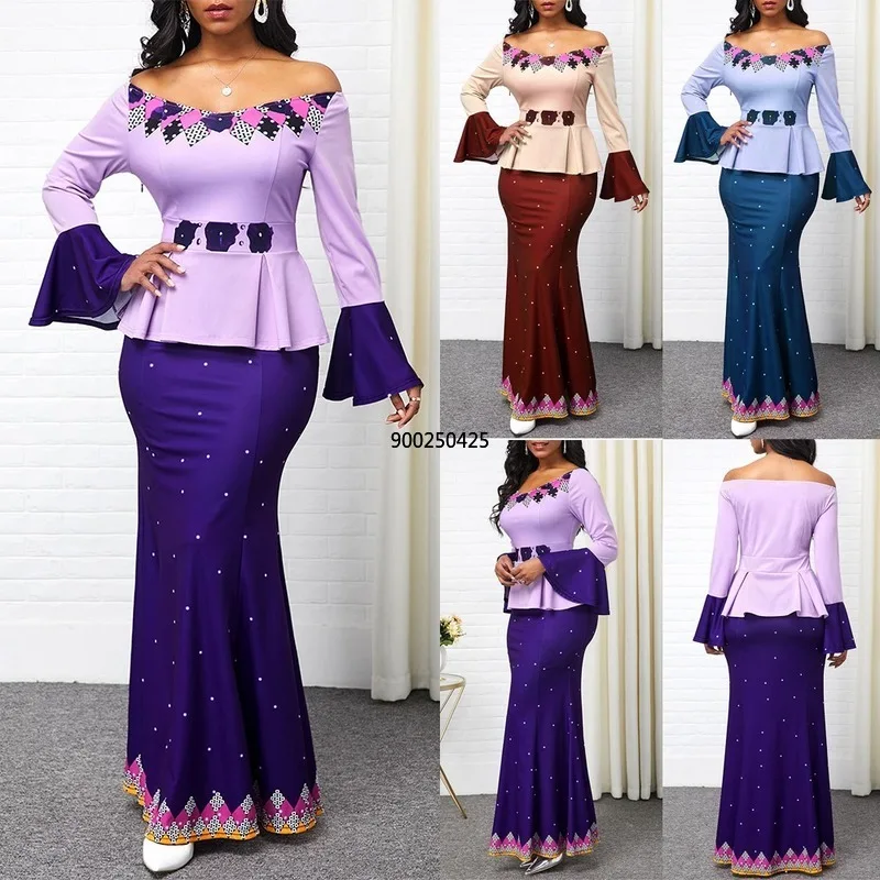 2 Piece Women Set Dashiki African Long Sleeve Two Piece Set Crop Top Suits Midi Skirt Print Casual Outfit Africa Clothing