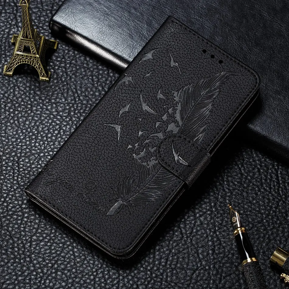 Кожаный чехол с откидной крышкой 7P 8 P для iPhone 11 Pro Max X XS XR Чехол-книжка с личи для Apple 6 6S 7 8 Plus чехол с перьями O13G
