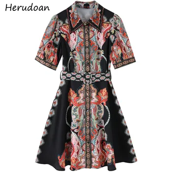 

Herudoan Fashion Runway Summer Vintage Dress Women Short sleeve Beading Sashes Print High Spli Female Mini Dresses Vestoidos